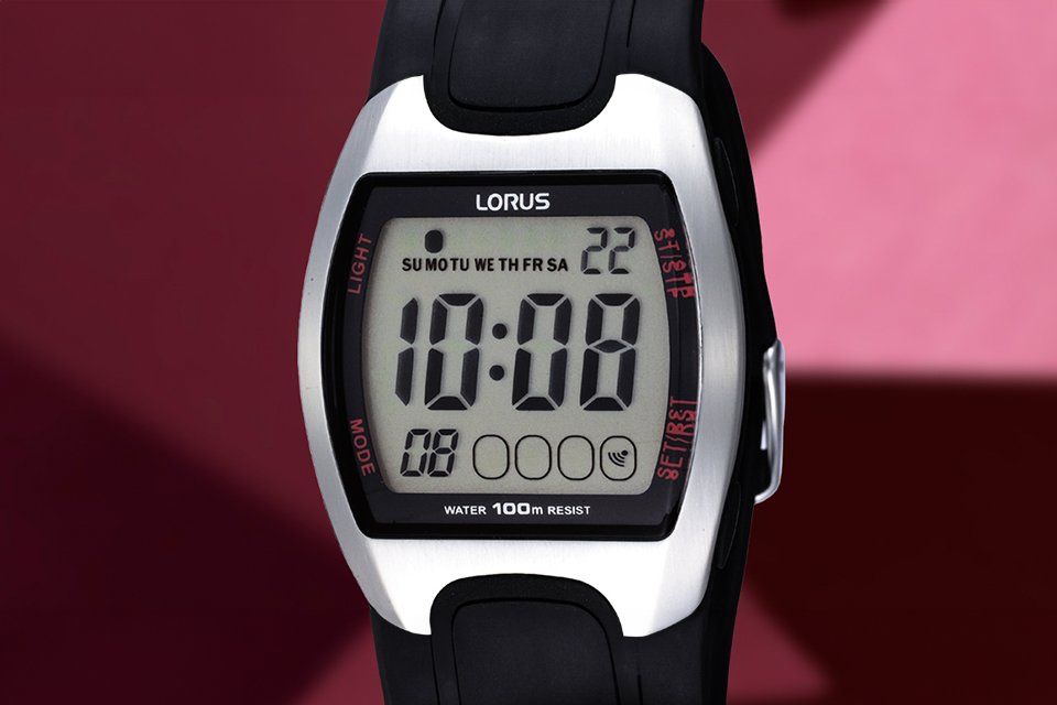 A Lorus digital watch with 10:08 time displaying on it.